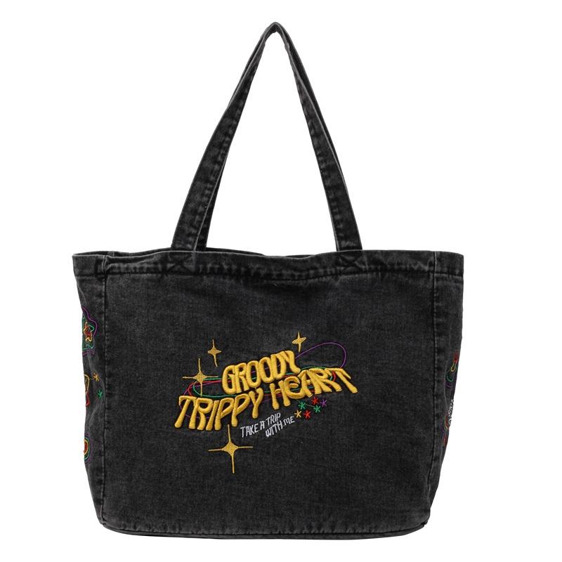 

Большая сумка с вышивкой, большая вместительная сумка через плечо, сумка-мессенджер, студенческая джинсовая сумка через плечо чёрный