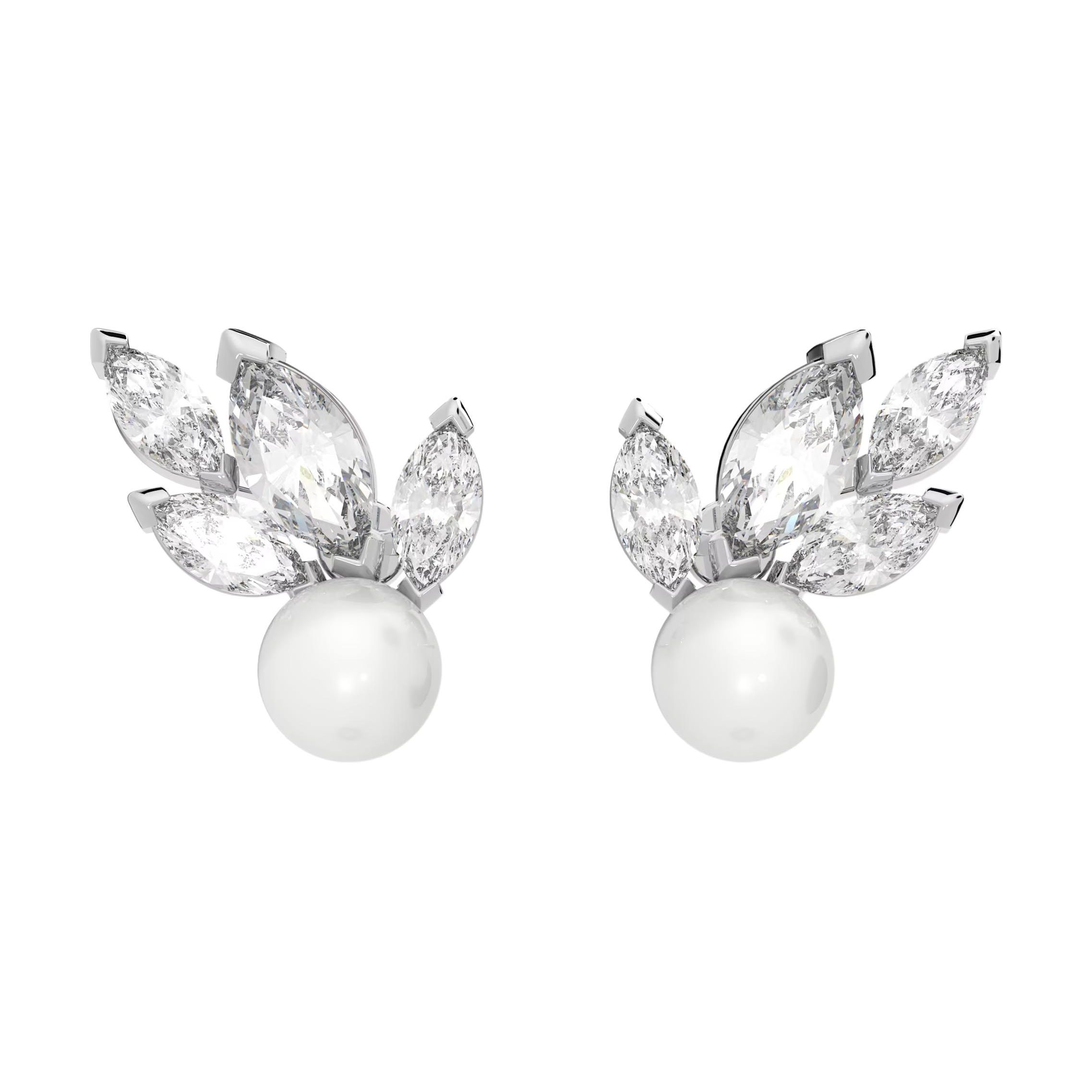 Swarovski Louison Pearl Leaf Shaped Cubic Zirconia Rhodium Plated Imitation Crystal Imitation Pearl Earrings Women earrings Silver 5627346 Box (Random Color)