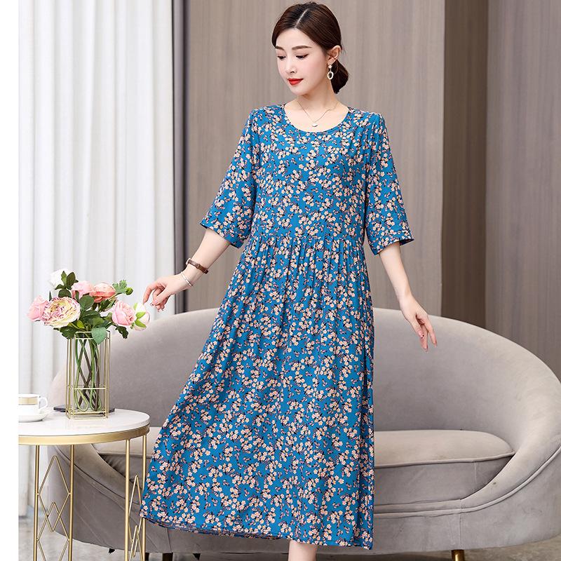 Women's Round Neck Five-Point Sleeve A-Line Floral Print Midi Dress Loose Casual Vintage Style Summer Daily Mom Long Dress
