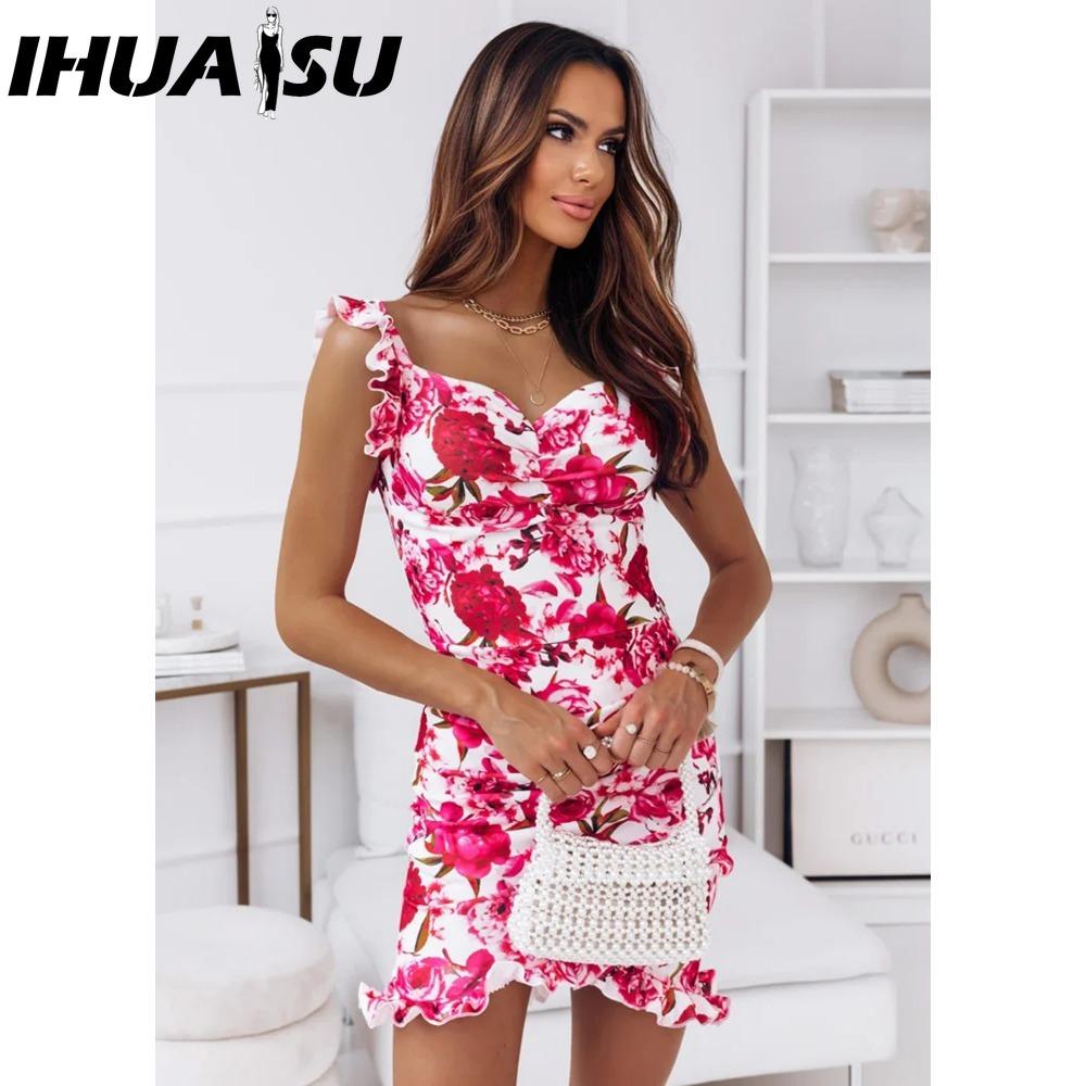 

IHUASU Летнее женское платье-бодикон с цветочным принтом и рукавами-бабочками, с оборками, V-образным вырезом и бандажной завязкой, повседневное короткое сарафанное платье, женское пляжное мини-платье на тонких бретельках-спагетти XL