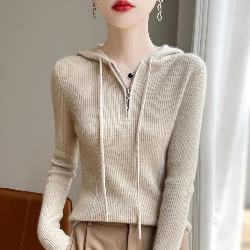 Women's Wool Zipper Hooded Knit Sweater - Casual & Versatile Slim-Fit Ribbed Base Layer for Autumn/Winter