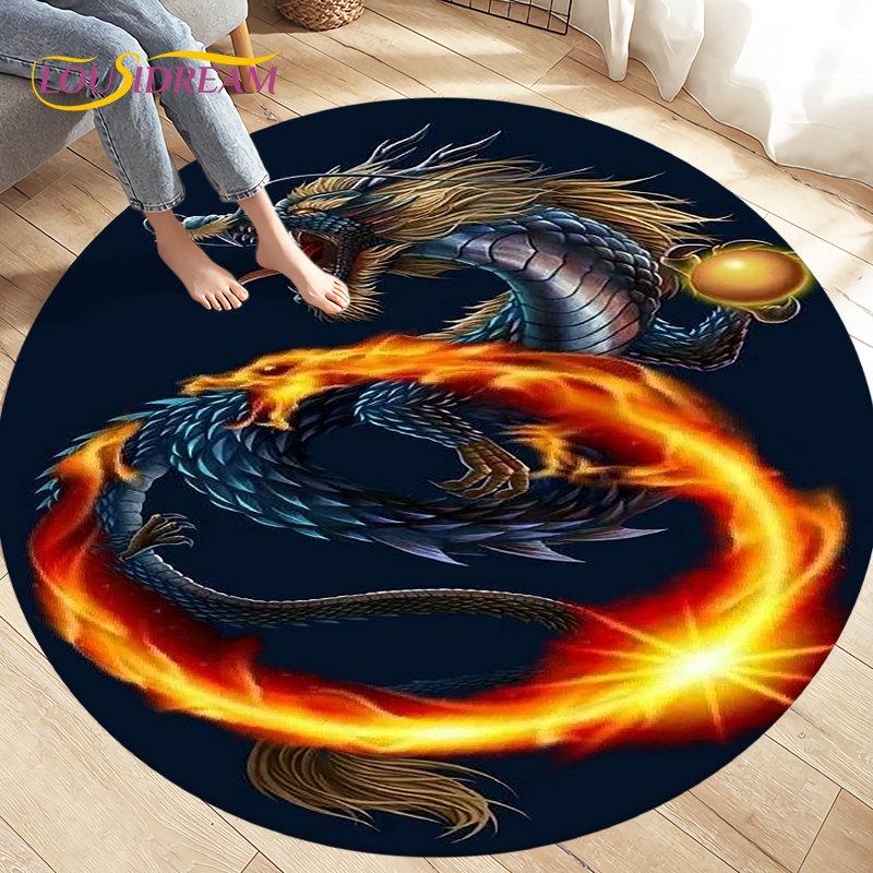 3D Cartoon Mysterious Dragon Area Rug,Round Carpet Rug for Living Room Bedroom Sofa Decoration,Kid Play Game Non-slip Floor Mat