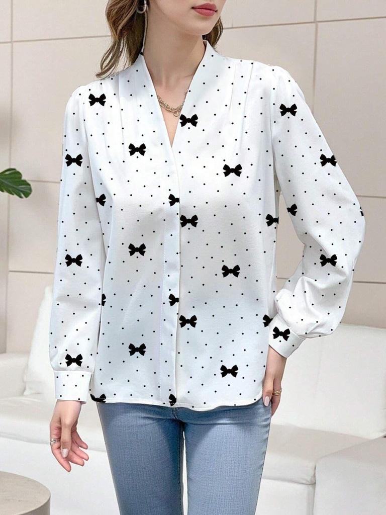 Elegant Polka Dot Bow Print V-Neck Long Sleeve Women's Shirt
