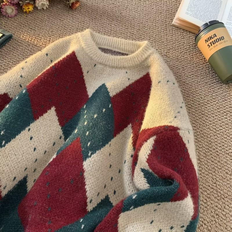 Womens Vintage Christmas Argyle Sweater Loose Lazy Knit Top Thick Stylish Fall Winter