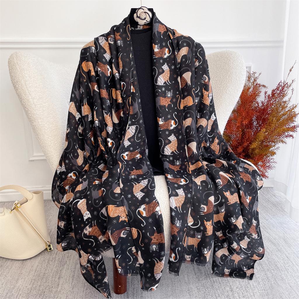 Autumn and Winter Travel Warm Cashmere Shawl Scarf Fashion Women Cat Print Pashmina Blanket Wraps Female Cute Poncho Bufand