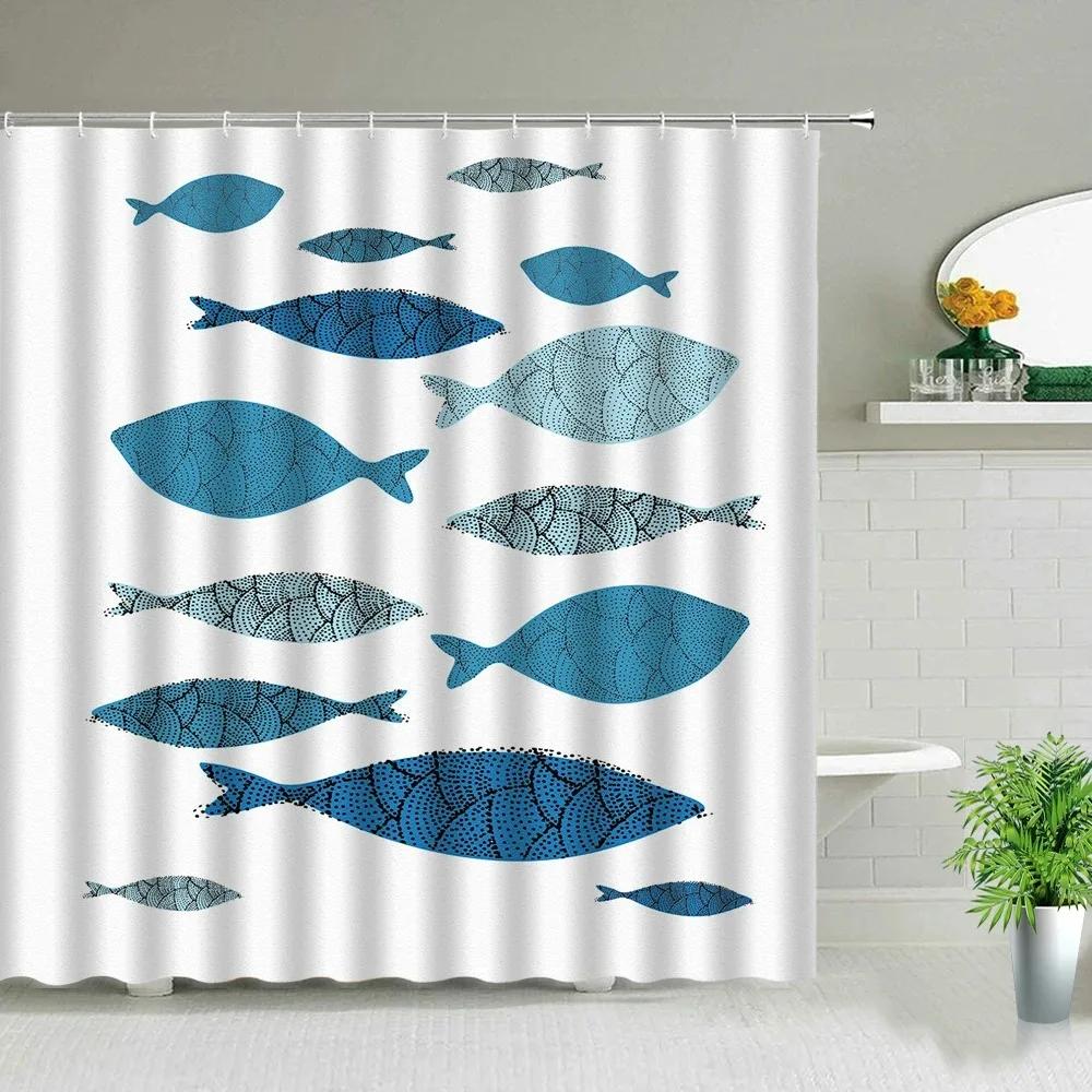 Colorful Cartoons Fish Shark Shower Curtains Ocean Life Children's Bathroom Home Decor Cloth Curtain Set Waterproof Bath Screens