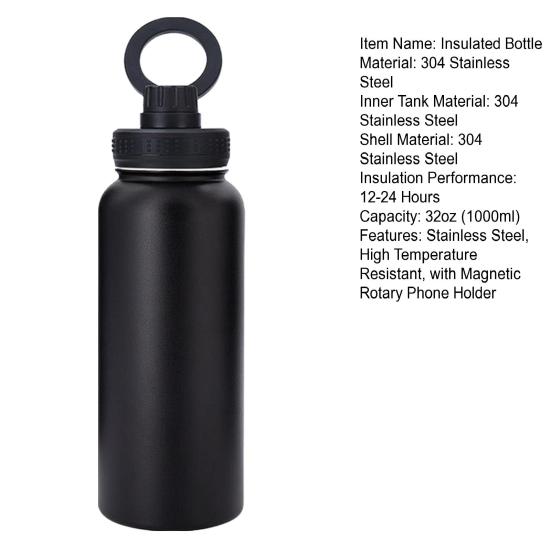 1000ML Insulated Bottle Food Grade 304 Stainless Steel High Temperature Resistant with Magnetic Rotary Phone Holder Portable Hot 12 Hours Cold 24