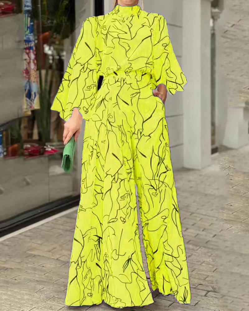 2026 Women's Elegant Waist-Cinching Long Sleeve Halter Jumpsuit with Lace-up and Print
