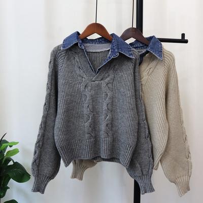 Autumn and Winter New Splicing Denim Fake Two-piece Knitted Sweater Top Retro Twist Loose Sweater Pullover Woman