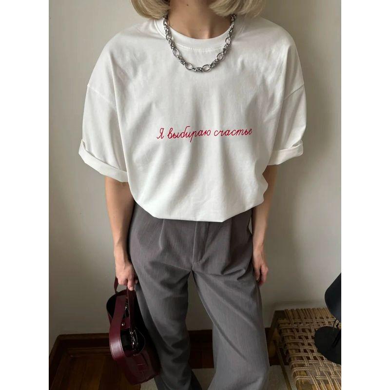 New Fashion T-shirt European and American New Fashion Casual Loose round Neck Print Letters Cotton T-shirt Top