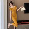 Sexy Off-the-shoulder Hollowed-out Thin Tencel Smoothie Knitted Dress for Women's Summer New Waist and Thin Hip Skirt Long Skirt