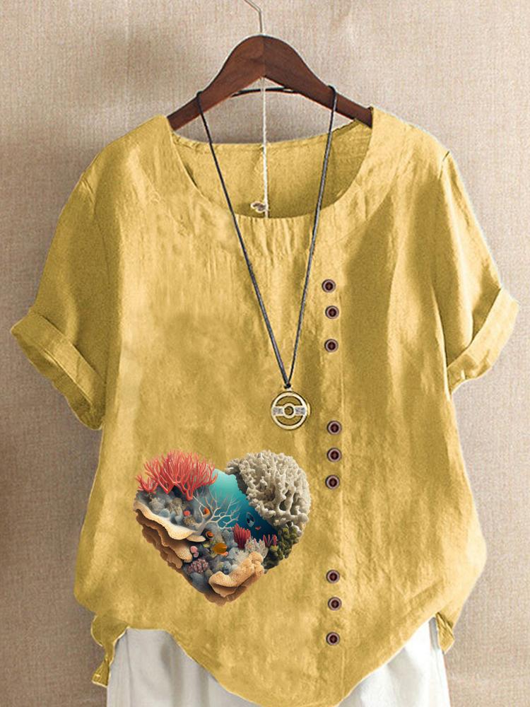 Women's Fashion Coral Heart-shaped Print Shot Sleeve T-shirt Loose Cotton Shirt Casual Loose Summer Blouse Tops Plus Size