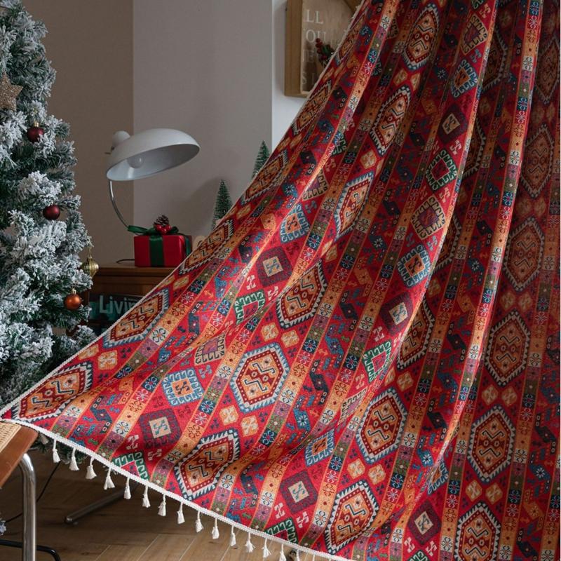 

Christmas Decoration Curtains Red Festive Jacquard Fringe Curtains Finished Kitchen Bedroom Bay Window Semi-shading Valance W150 x H160cm&Threading Rod