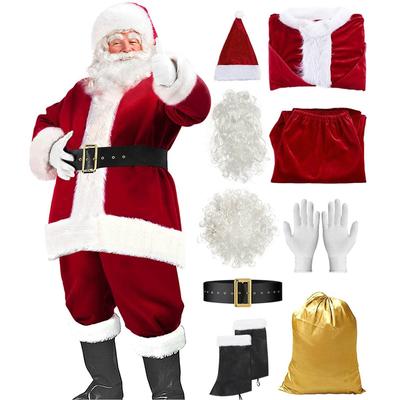 Christmas Santa Claus Costume 9pcs Santa Outfit with Beard Belt for Adults Xmas Holiday Party Cosplay
