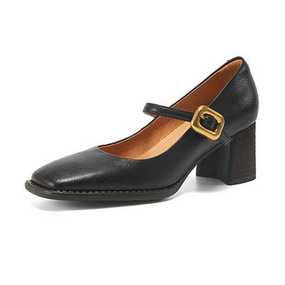 Cow Skin Fashion Summer Spring Autumn Thick High Heels Metal Buckle Women  European Design Square Toe Pumps