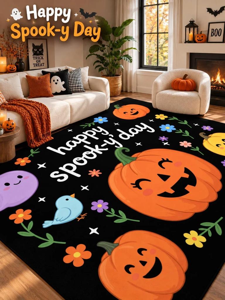 Halloween Pumpkin Pattern Area Rug Seasonal Home Decor Carpet Festive Graphic Floor Cover Living Room Bedroom Party Decoration