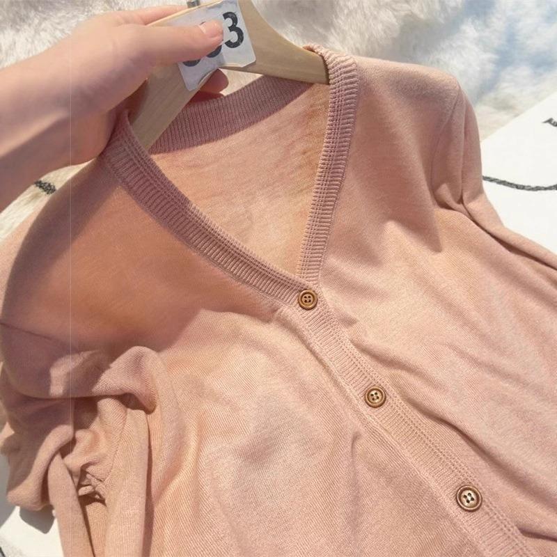 V-neck yellow long-sleeved knitted cardigan top, early autumn new lazy loose thin sweater jacket