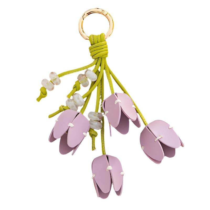 Elegant Tulips Shaped Leather Keychain With Beaded Accent For Bags And Keys Stylish Accessory Gift