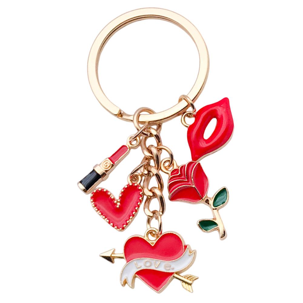 Red Cartoon Lips & Rose Heart Keychain Pendant