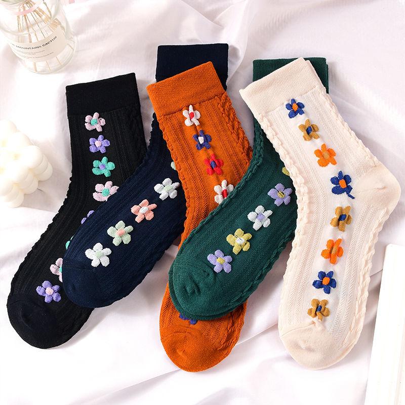3/5pcs Spring Autumn Japanese Harajuku Woman Socks Cotton with Flowers Funny Socks Women Korean Style Kawaii Girls Calcetines Mujer