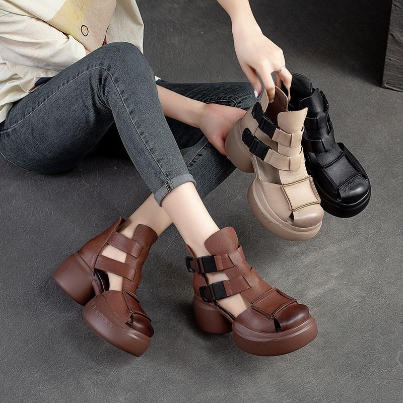 Fashion GKTINOO 2025 New Summer Black Women Genuine Leather Sandals Cool Boots Platform Shoes Wedges Sandals Women Shoes Outdoor Sandals
