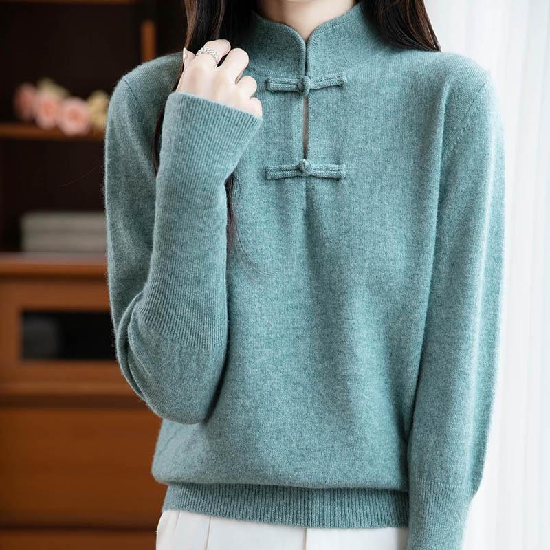 Women's Chinese Knot Button Red Wool Sweater - Autumn/Winter 2025 Collection, Loose Fit, Long Sleeve Knitted Top