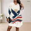 Women Plus Size V Neck Long Sleeve Loose Fit White Eagle Star Printed Dress