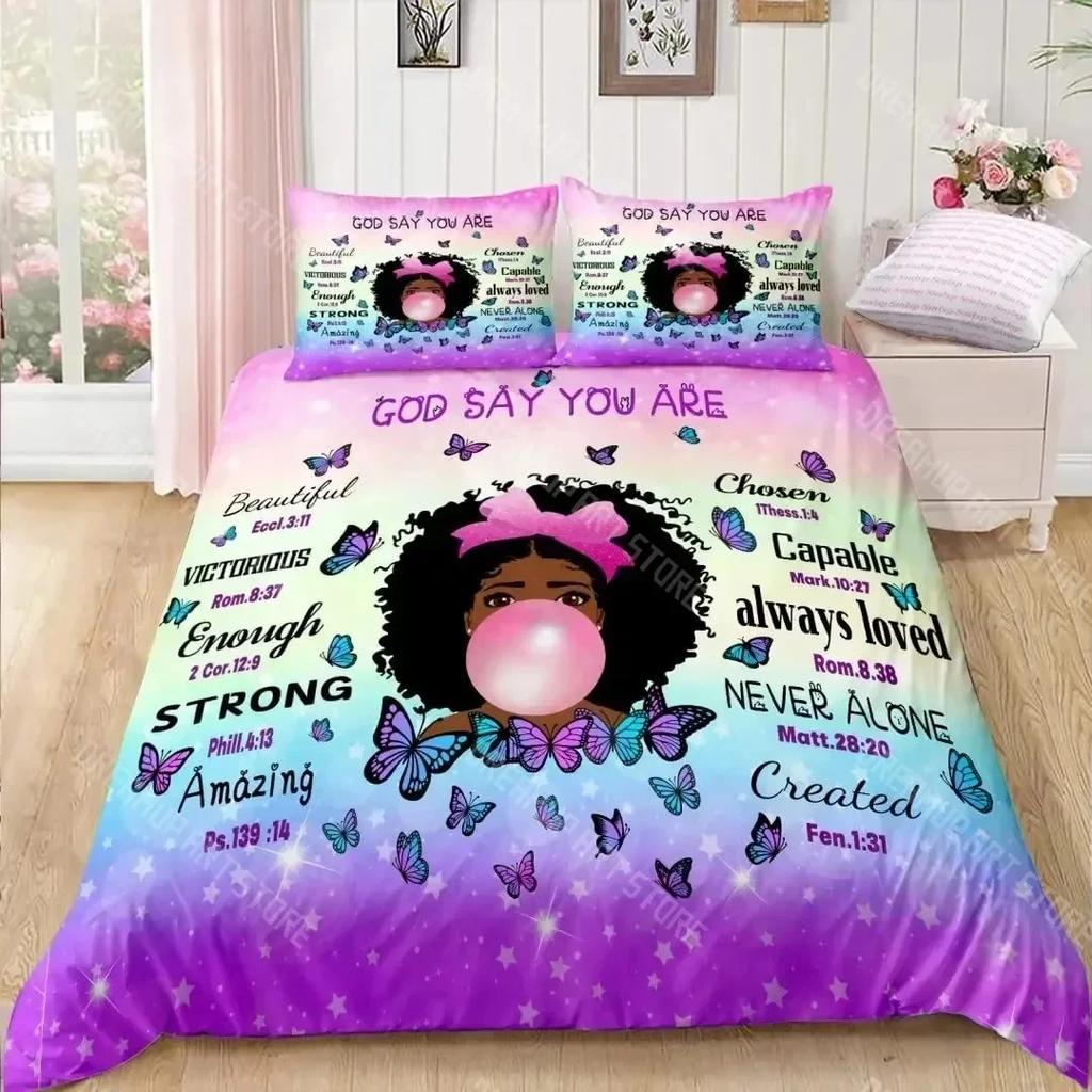 3D Print American Black Girl Duvet Cover Set,Black Girl Magic Bedding Set Full Size,Cute Little Afro Black Princess Comforter