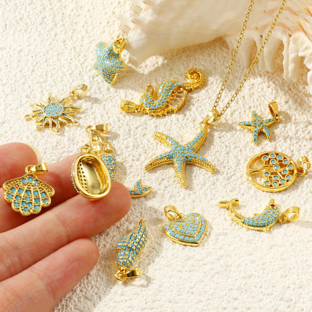 2 Pcs Blue Cubic Zirconia Ocean Charms Starfish Mermaid Conch Sun Shaped Melon Brass 18K Gold Plated Pendants For DIY Necklace