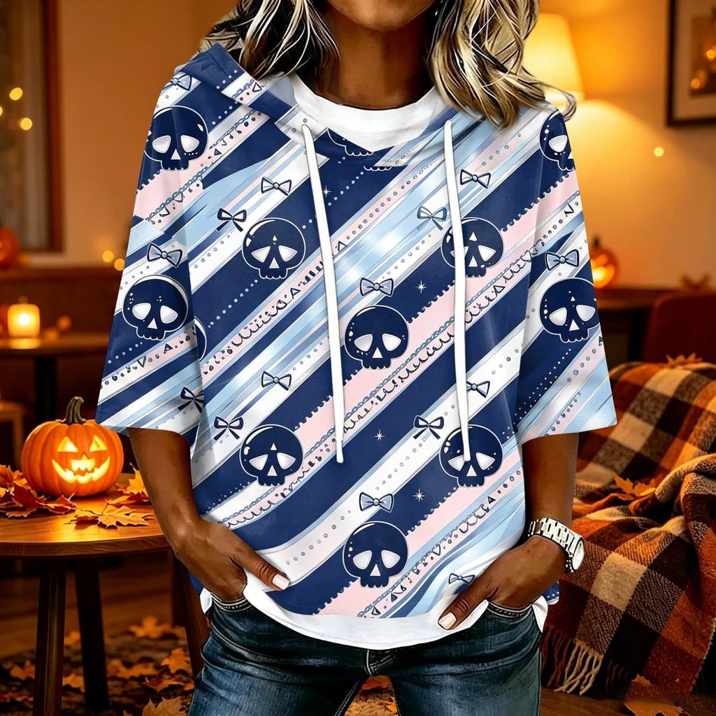 Women's Halloween Print Hooded Top, Loose Fit Casual 3/4 Sleeve Pullover Shirt