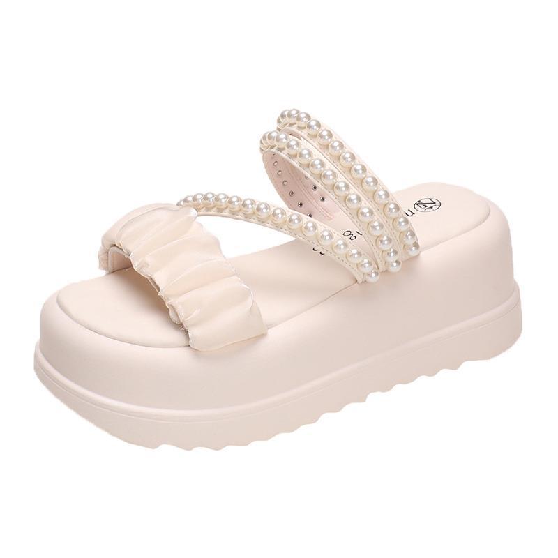 Summer New Fairy Style Platform Sandals Women French Two Wear Pearl Women's Shoes Low Top Platform Cool Slippers Women