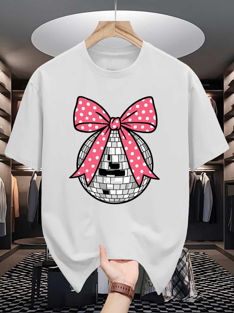Unisex Cotton Tee Disco Ball Bow Trendy Graphic Print Loose Breathable Summer Crew Neck Casual Street T Shirt Unisex Daily Wear