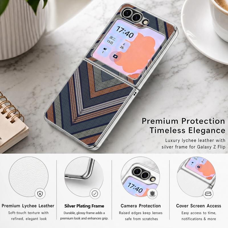 Geometric Cloth Texture Case For Samsung Galaxy Z FlIP 7 FE 6 5 Plating PC+PU Leather Hybrid Folding Cover For Samsung Z Flip7 Flip6 Flip5