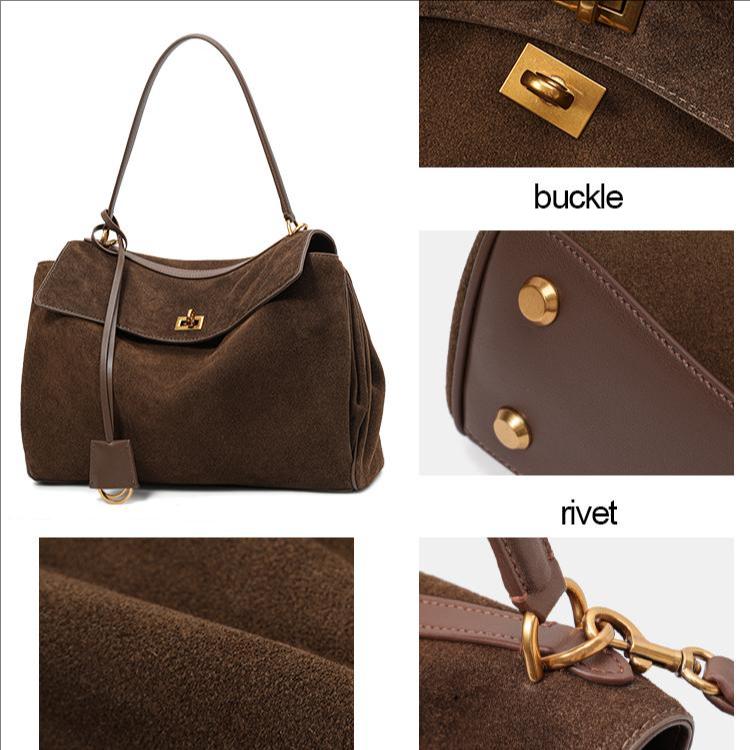 Ekte Dobbeltlags Lær Skulderveske for Kvinner - Brun Semsket Håndveske med Gullbeslag, Klassisk Tote for Daglig Bruk & Arbeid