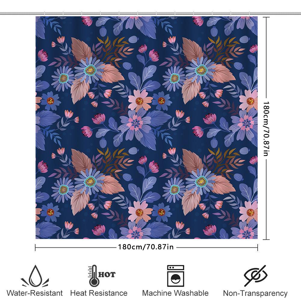 Colorful Floral Shower Curtain Navy Blue Pink Purple Green Bathroom Decor Waterproof Fabric Bath Mat Cover Free Size 72X84 Inche