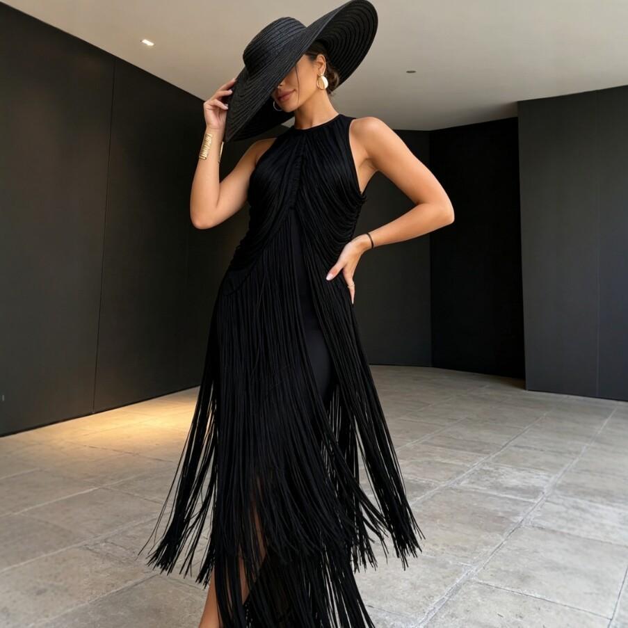 Spring and Summer European and American Neck Fringed Long Dress Women's Sleeveless Slim Temperament Dress Dress Dress Dress Factory Spot