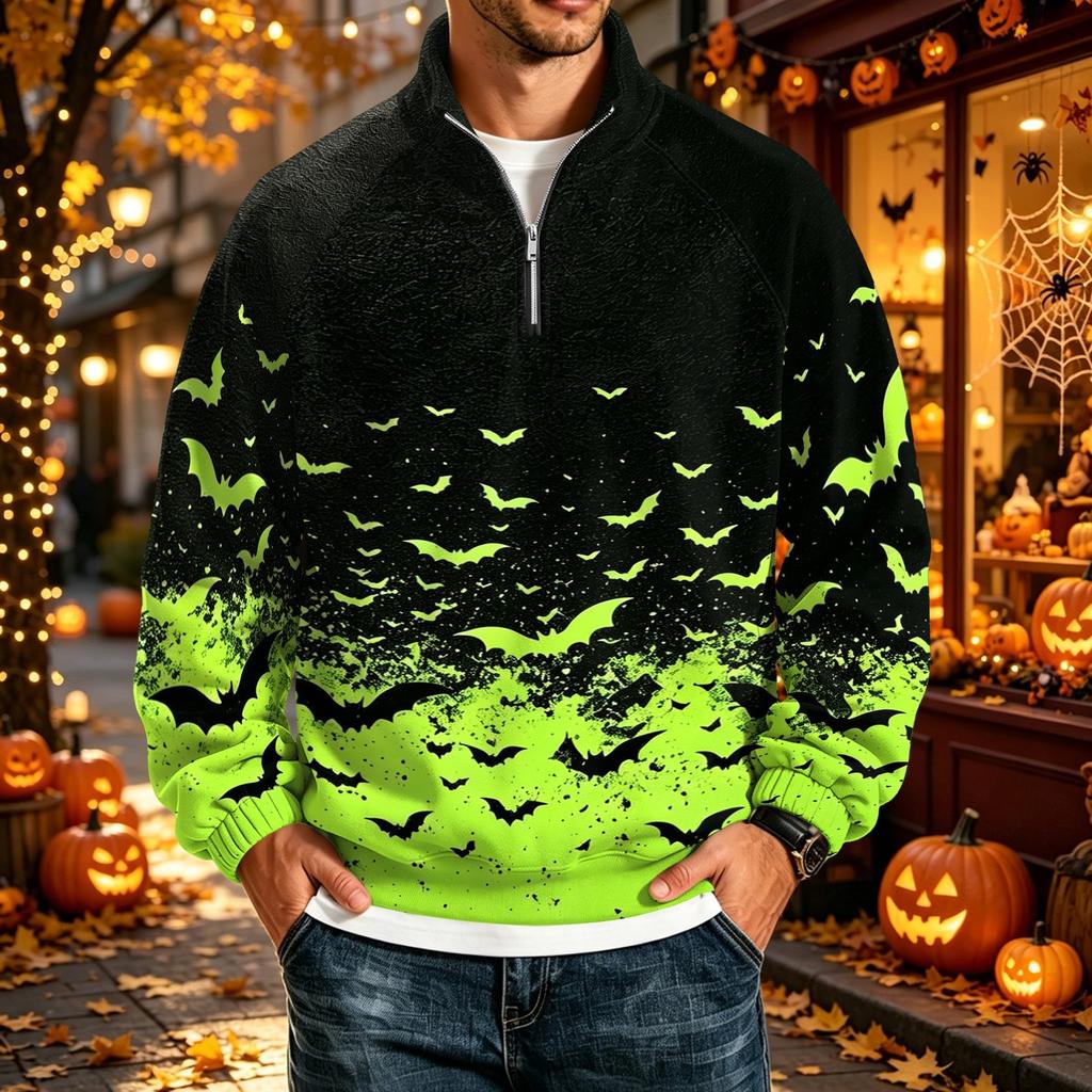 Men's Halloween Print Raglan Sweatshirt Loose Fit Stand Collar Casual Top