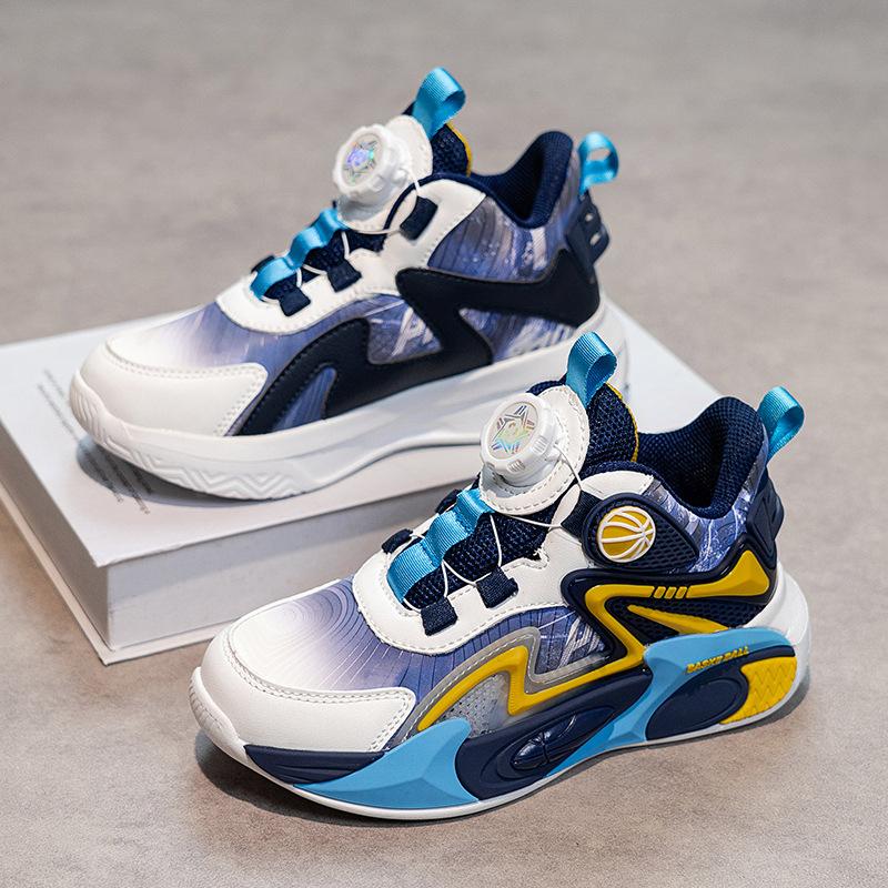 Boys and children's sports shoes basketball shoes 2025 autumn new trendy leather surface medium and older children's shock-absorbing and wear-resist