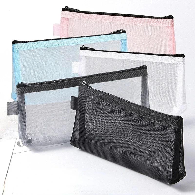 

Gray Black Makeup Case Large Capacity Mesh Transparent Cosmetic Brush Bags Students Solid Color Zipper Nylon Pencil Case