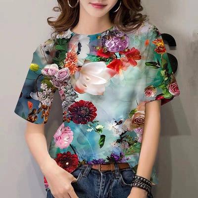 Casual Versatile Fashionable High-quality Comfortable Flower Patterned Short Sleeved Round Neck T-shirt
