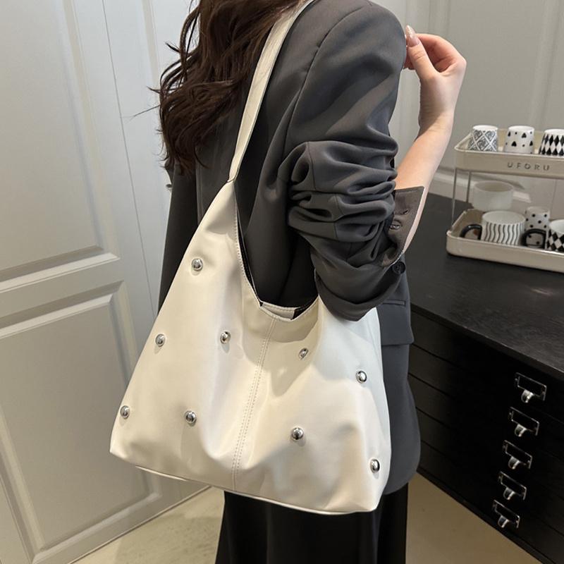 Yogodlns Punk Style Embellished Double-Faced Round Rivet Inlaid Niche Luxury Bucket Bag Chic Lady Underarm Large Capacity Shoulder Bag