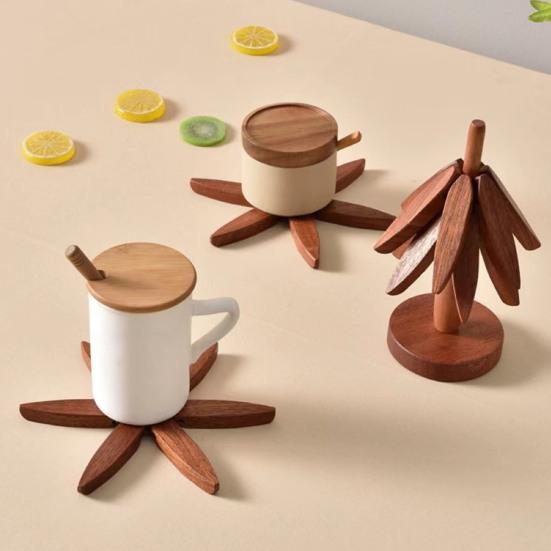 1 Set Christmas Tree Coaster with Base 3 Layers Tree Shape Wooden Trivet Anti-scald Heat Resistant Countertop Pot Pan Coffee Tea Cup Holder