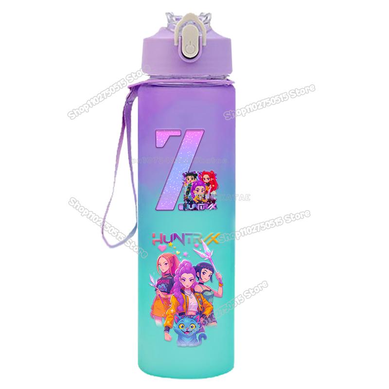 High Quality KPop Demon Hunters Gradient Water Bottles 750ml Movie Girl Letter A-Z Straw Drink Cups Portable High-capacity Outdoor Bottle