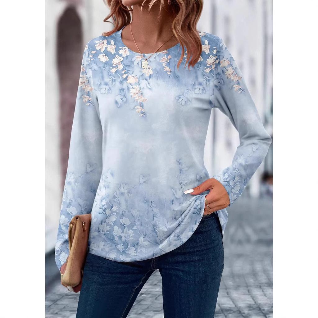 Round Neck 3D Flower Print Elegant Casual Long Sleeved Women's T-shirts - Soft Medium Stretch Polyester Fabric Spring and Autumn Relaxed Fit Clothing