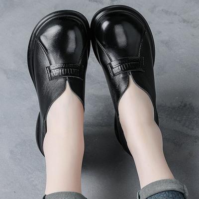 Scarpe da donna a punta rotonda per piedi larghi, scarpe in pelle stile retrò britannico, tacco spesso, scarpe singole, vera pelle, scarpe da donna di mezza età