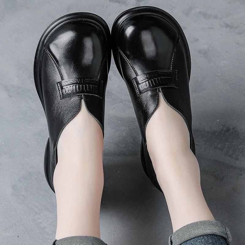 Round Head Wide Feet Women's Shoes Retro British Style Leather Shoes Thick Heel Single Shoes Genuine Leather Middle-aged Women's Shoes