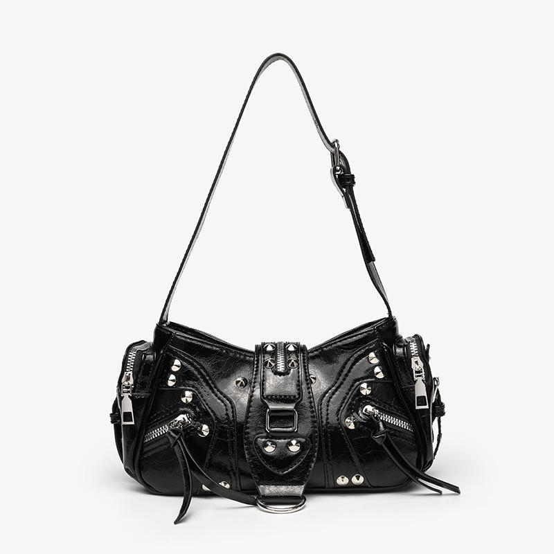 European American Y2k Studded Shoulder Bag Retro Motorcycle Bag Stylish Leopard Print Cow Print Handbag Designer Underarm Bag