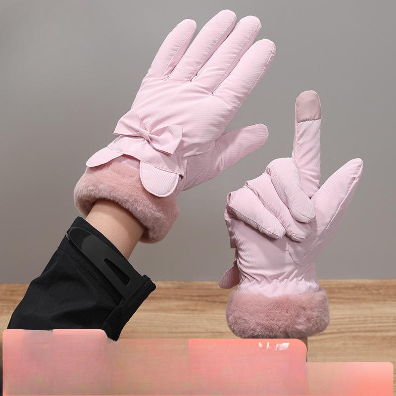 Warm Gloves for Women's Cold and Windproof Cute Bows Outdoor Riding Thickened Velvet Touch Screen Autumn and Winter Gloves