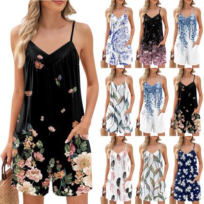Women's Summer Jumpsuit Shorts,Printed Fashionable Casual Sleeveless Jumpsuit Shorts Rompers With Pockets