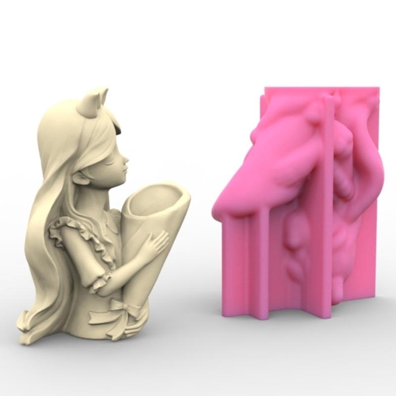 Flower Pot Silicone Mold Vase Epoxy Resin Mold Girl Holding Flowers Succulent Planter Pot Pen Holder Making Mold Crafts